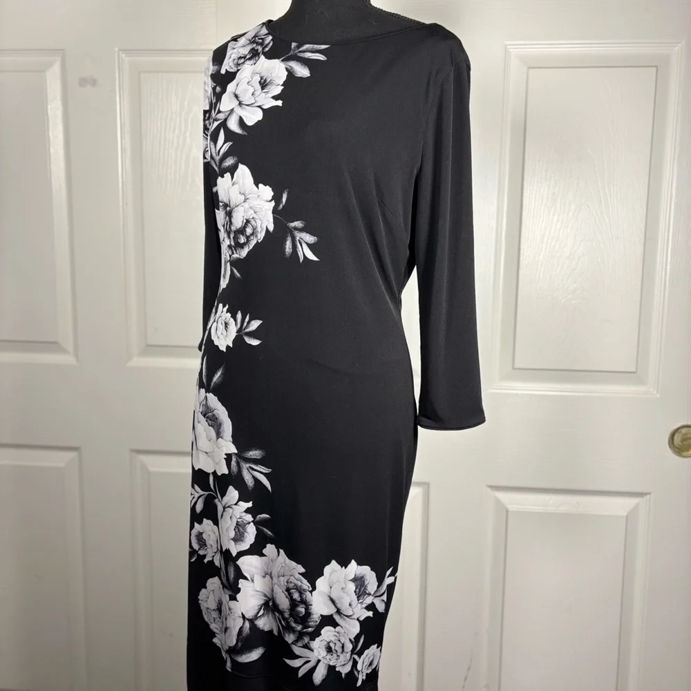 White House Black Market Asymmetrical Black Dress with White Floral Design - Picture 8 of 13